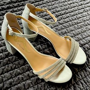 Elegant, special occasion sandals, worn once, women’s sz 8.5M, 2-1/2” block heel